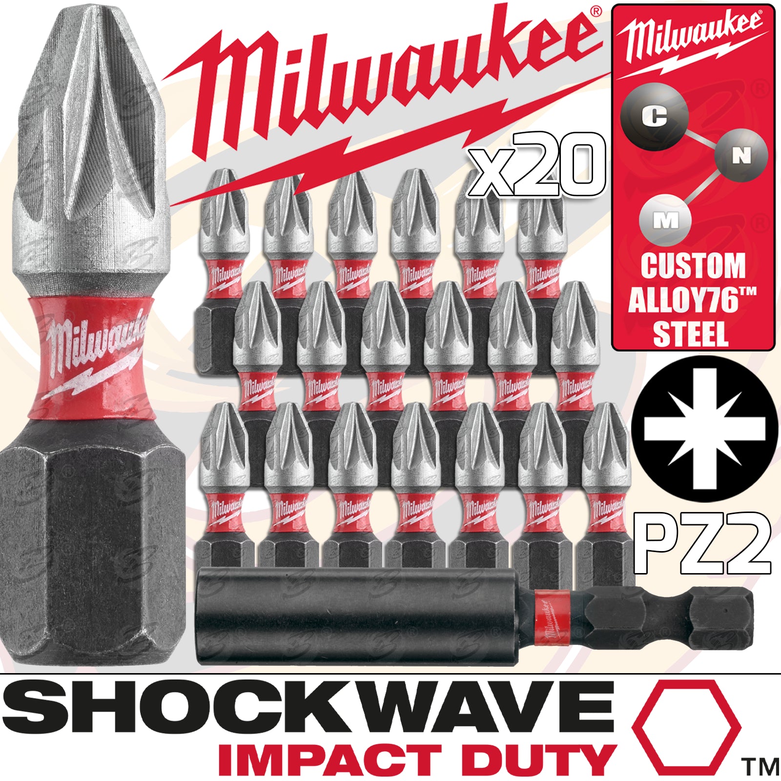 MILWAUKEE 21PCS POZI IMPACT BITS & MAGNETIC BIT HOLDER
