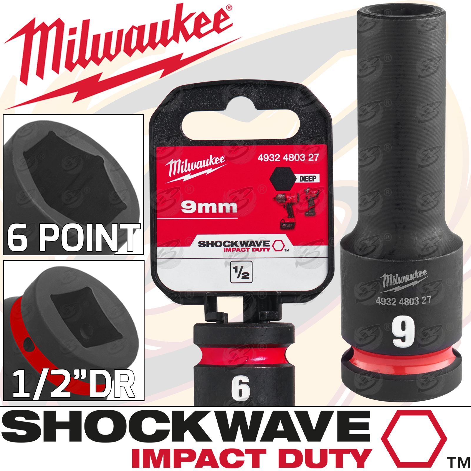 Milwaukee 9mm 1/2" Drive 6 Point Deep Impact Socket ( Single ) ( 4932480327 )
