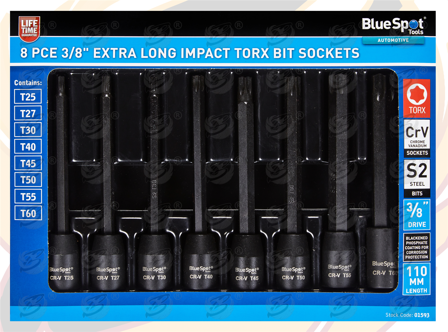 BlueSpot 8 Piece 3/8" Drive Extra Long Impact Torx Bit Sockets T25 - T60 ( 01593 )