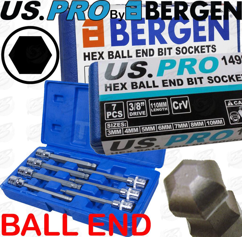 US Pro 7 Piece 3/8" Drive Extra Long Ball Ended Hex Bit Sockets H3 - H10 1499