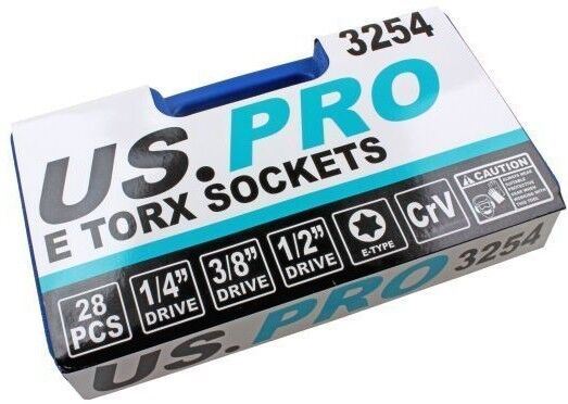 US Pro 28 Piece 1/4" & 3/8" & 1/2" Drive E - Torx Sockets E4 - E24 3254
