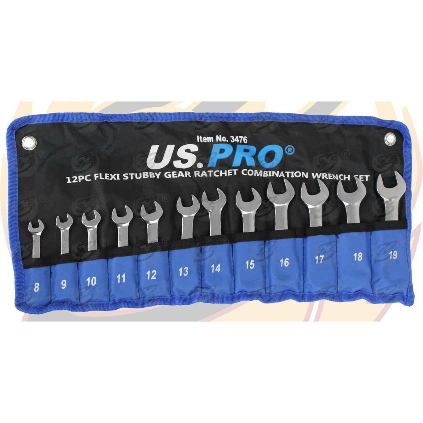 US PRO 12PCS COMBINATION STUBBY FLEXIBLE RATCHET SPANNER SET 8MM - 19MM