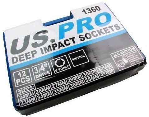US PRO 12PCS 3/4" DRIVE 6 POINT DEEP IMPACT SOCKETS 24MM - 41MM