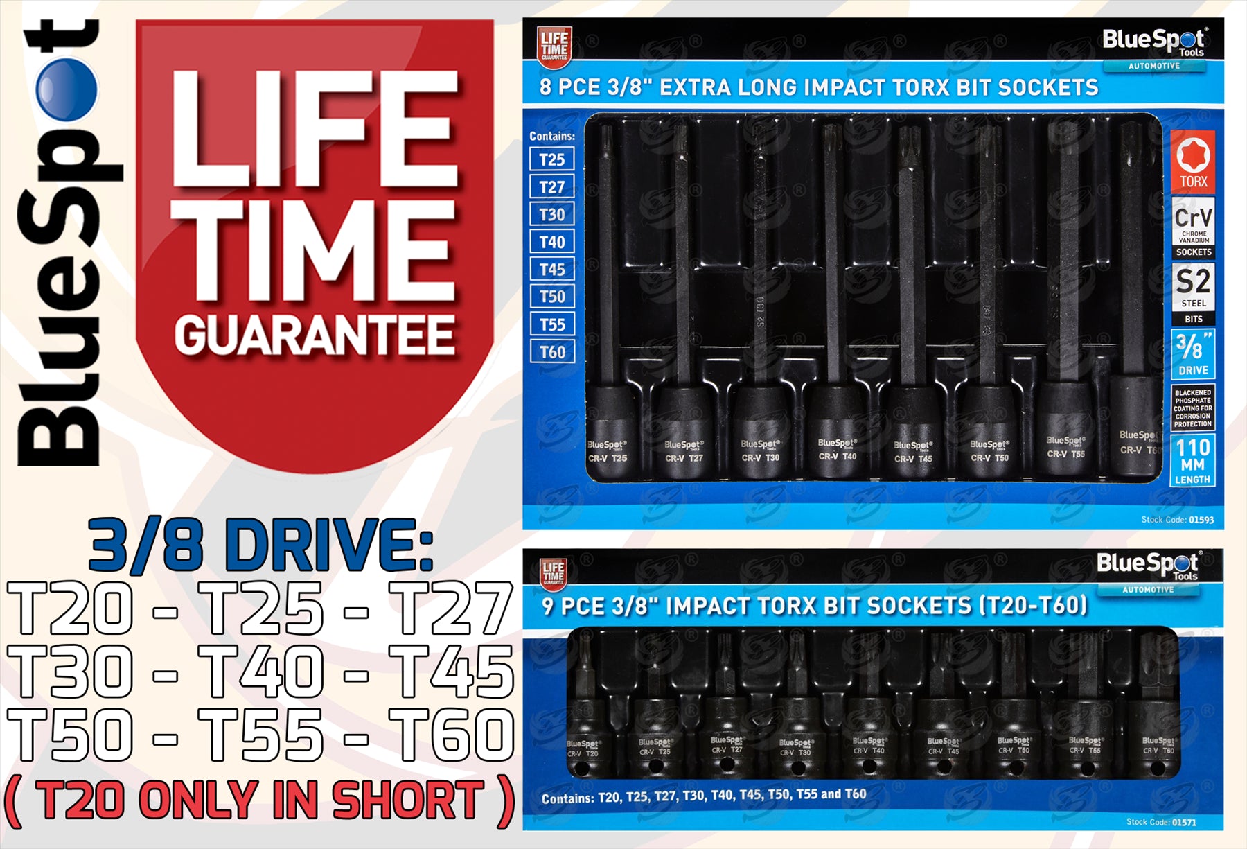 BLUESPOT 17PCS 3/8" DRIVE IMPACT TORX BIT SOCKET SET T20 - T60