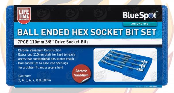 BlueSpot 7 Piece 3/8" Drive Extra Long Ball Ended Hex Bit Sockets H3 - H10 01510