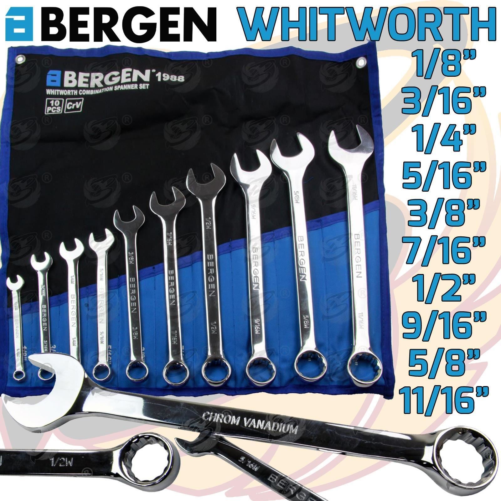BERGEN 10PCS WHITWORTH COMBINATION SPANNERS 1/8" - 11/16"