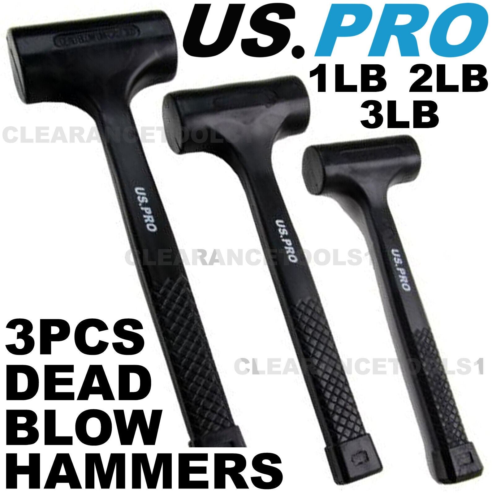 US PRO 3PC RUBBER DEAD BLOW HAMMERS, HAMMER 1LB 2LB 3LB SET 1664 RUBBER HAMMER