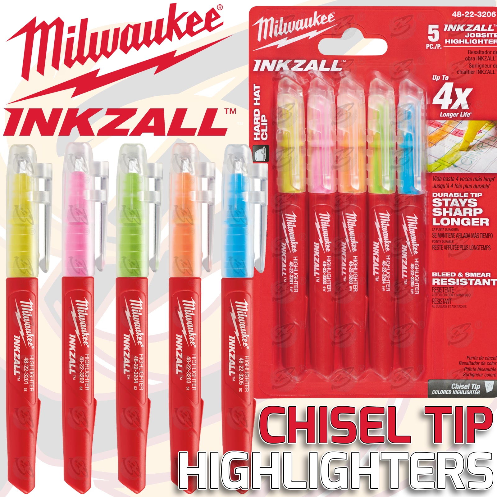 MILWAUKEE INKZALL HIGHLIGHTER PENS ( X 5 )