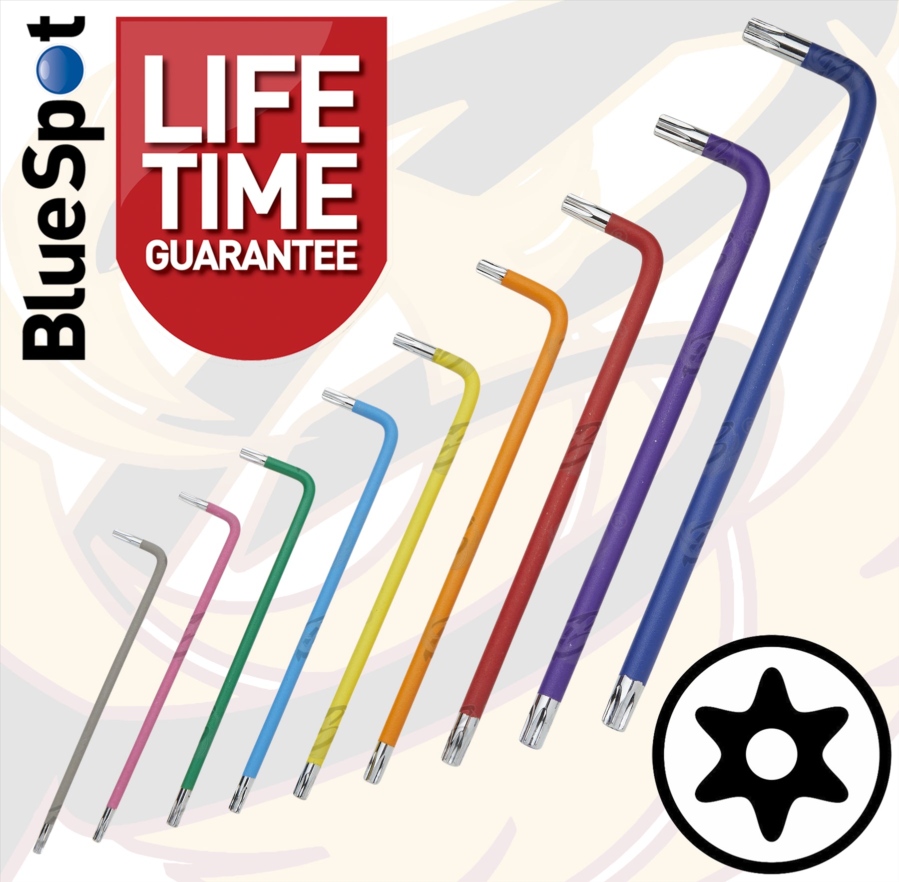 BLUESPOT 9PCS EXTRA LONG COLOUR CODED TAMPER TORX KEY SET ( T10 - T50 )