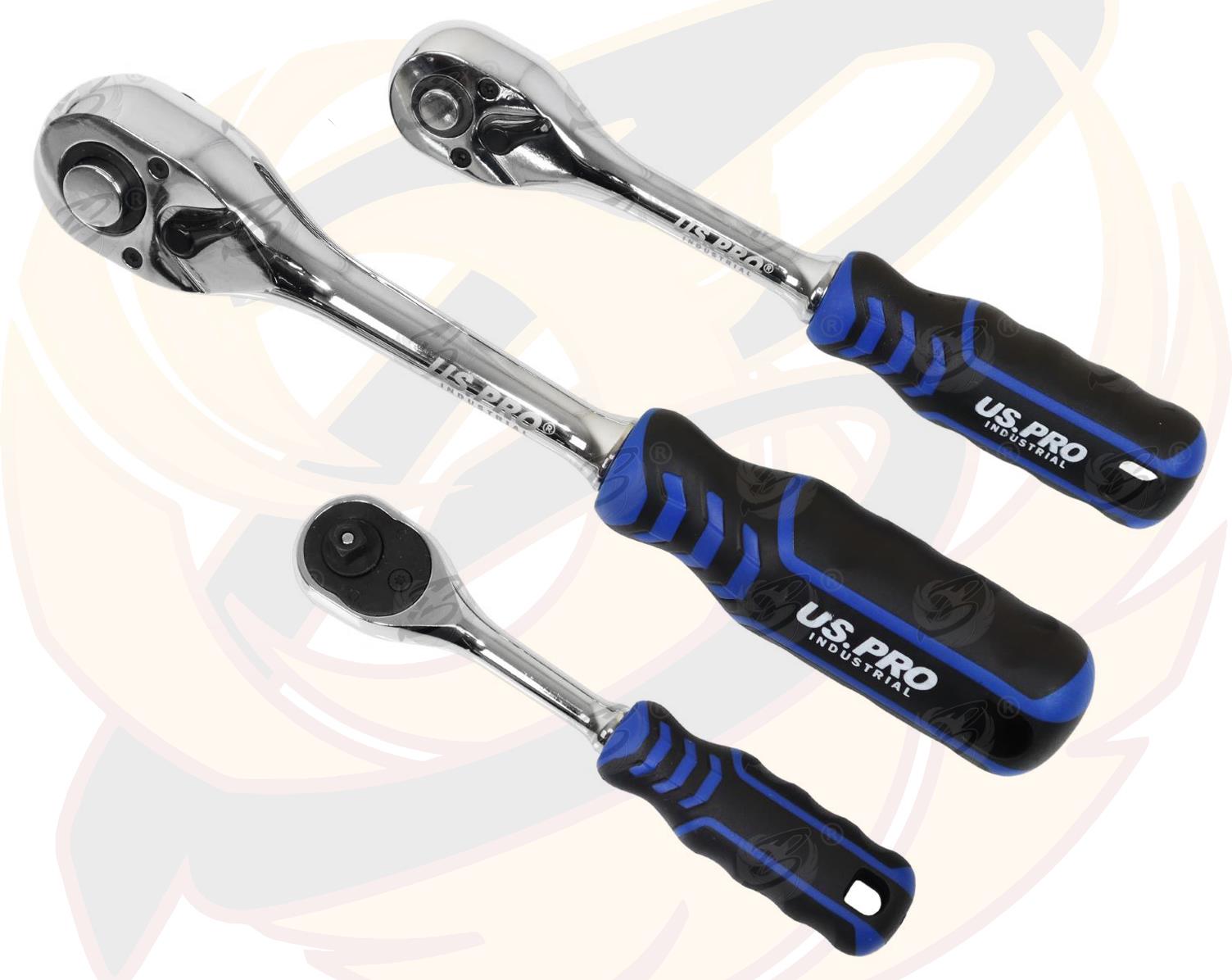 US Pro Industrial 3 Piece 1/4" & 3/8" & 1/2" Drive 90 Tooth Curved Ratchet Handles 4230