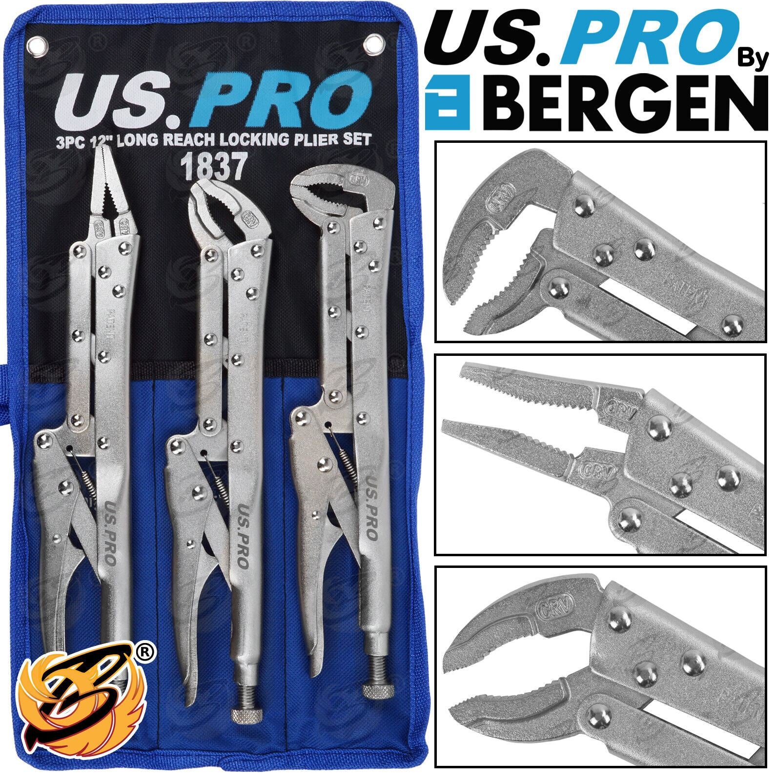 US Pro 3 Piece 12" Long Reach Locking Pliers 1837