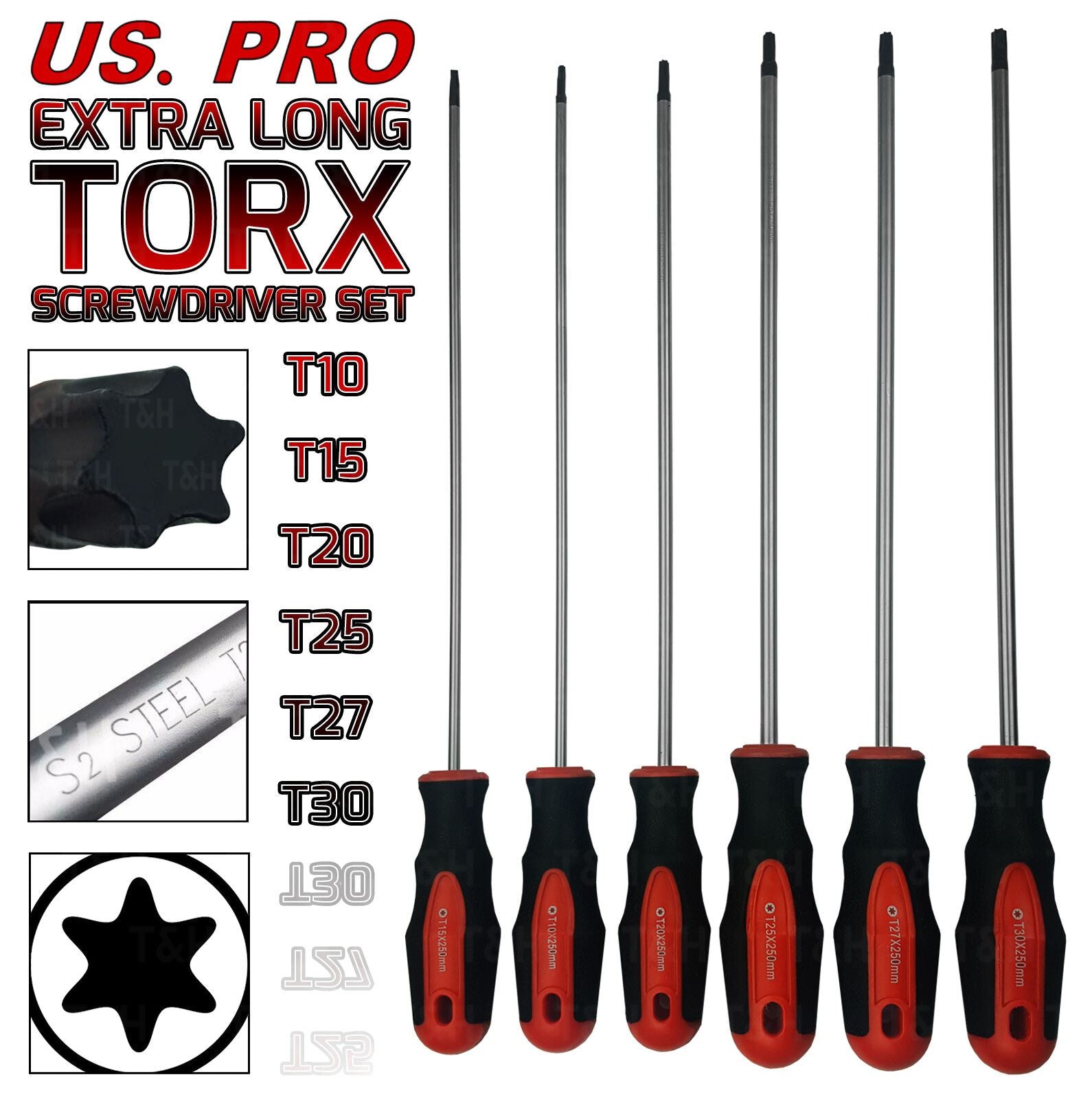 US Pro 6 Piece Extra Long Torx Screwdrivers T10 - T30 1521