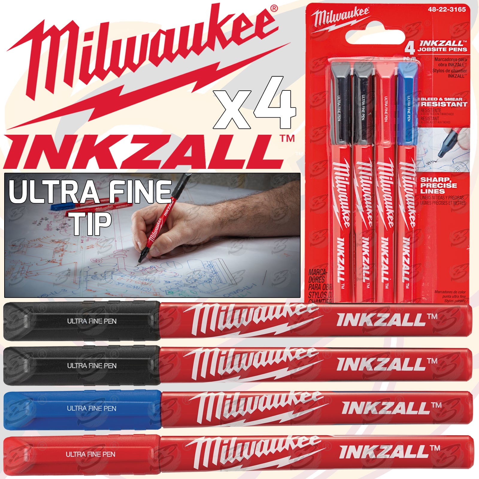 MILWAUKEE INKZALL ULTRA FINE POINT 0.6MM MARKER PENS ( X 4 )
