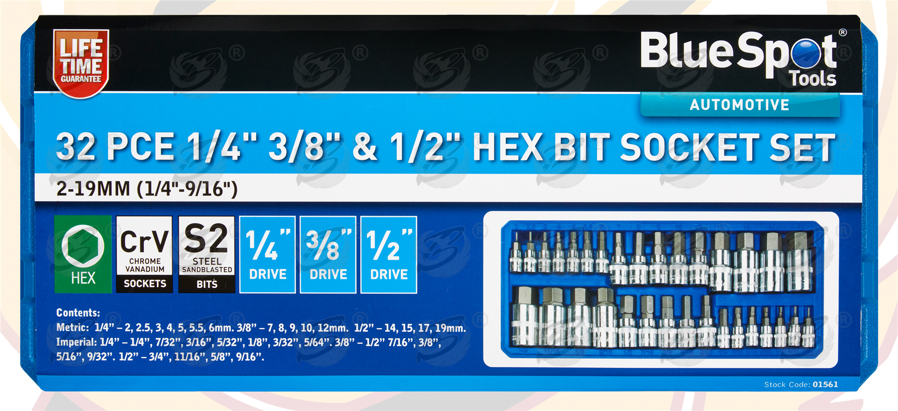 BlueSpot 32 Piece 1/4" & 3/8" & 1/2" Drive Metric & Imperial Hex Bit Sockets ( 2mm - 19mm ) ( 1/4" - 9/16" ) ( 01561 )