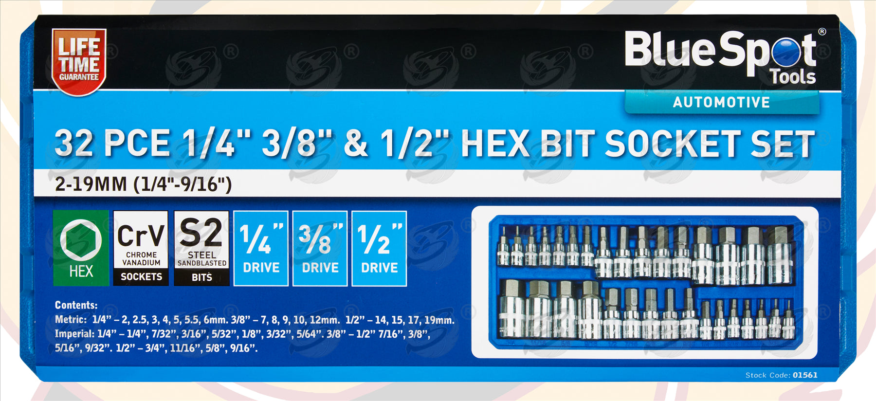BLUESPOT 32PCS 1/4" & 3/8" & 1/2" DRIVE METRIC & IMPERIAL HEX BIT SOCKETS ( 2MM - 19MM ) ( 1/4" - 9/16" )