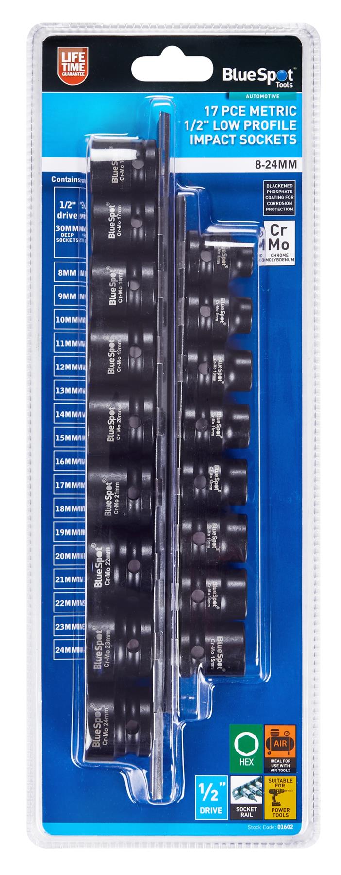 BlueSpot 17 Piece Metric 1/2" Low Profile Impact Sockets (8-24mm) ( 01602 )
