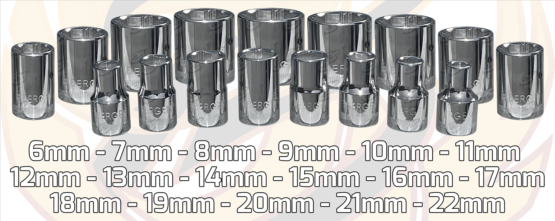 BERGEN 17PCS 3/8" DRIVE 6 POINT SHALLOW Xi - ION SOCKETS 6MM - 22MM