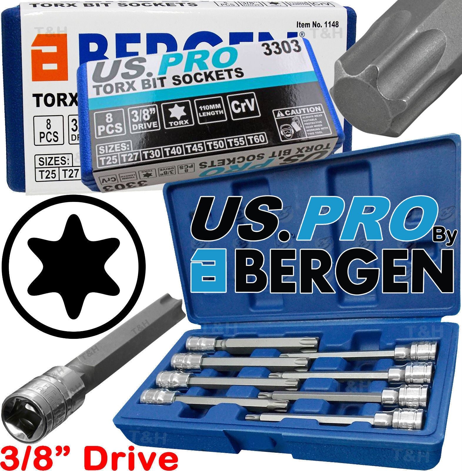 US PRO 8PCS 3/8" DRIVE EXTRA LONG TORX BIT SOCKETS T25 - T60
