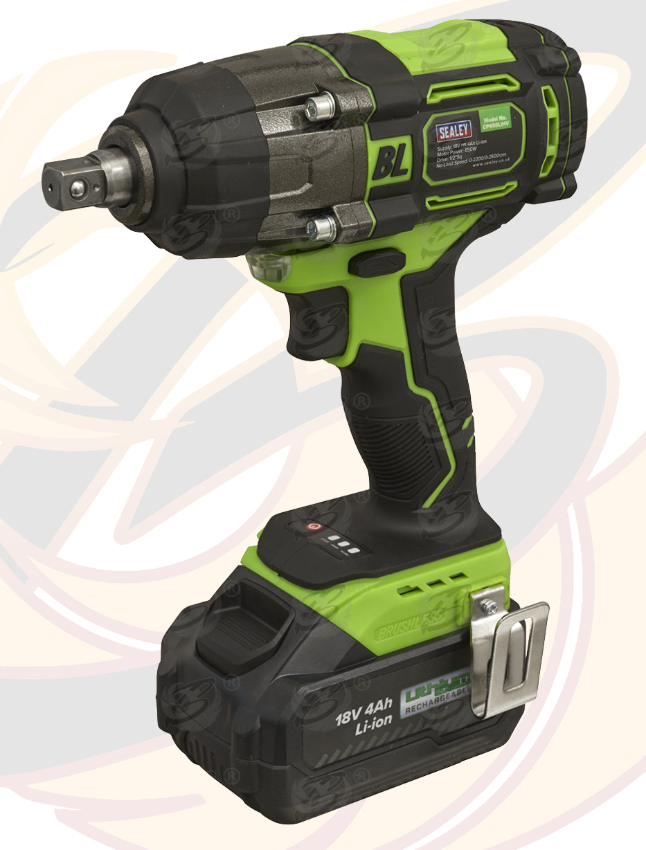 SEALEY 18V 4Ah 1/2" DRIVE BRUSHLESS CORDLESS IMPACT WRENCH 650Nm & 13PCS 6 POINT SHALLOW IMPACT SOCKETS 10MM - 24MM