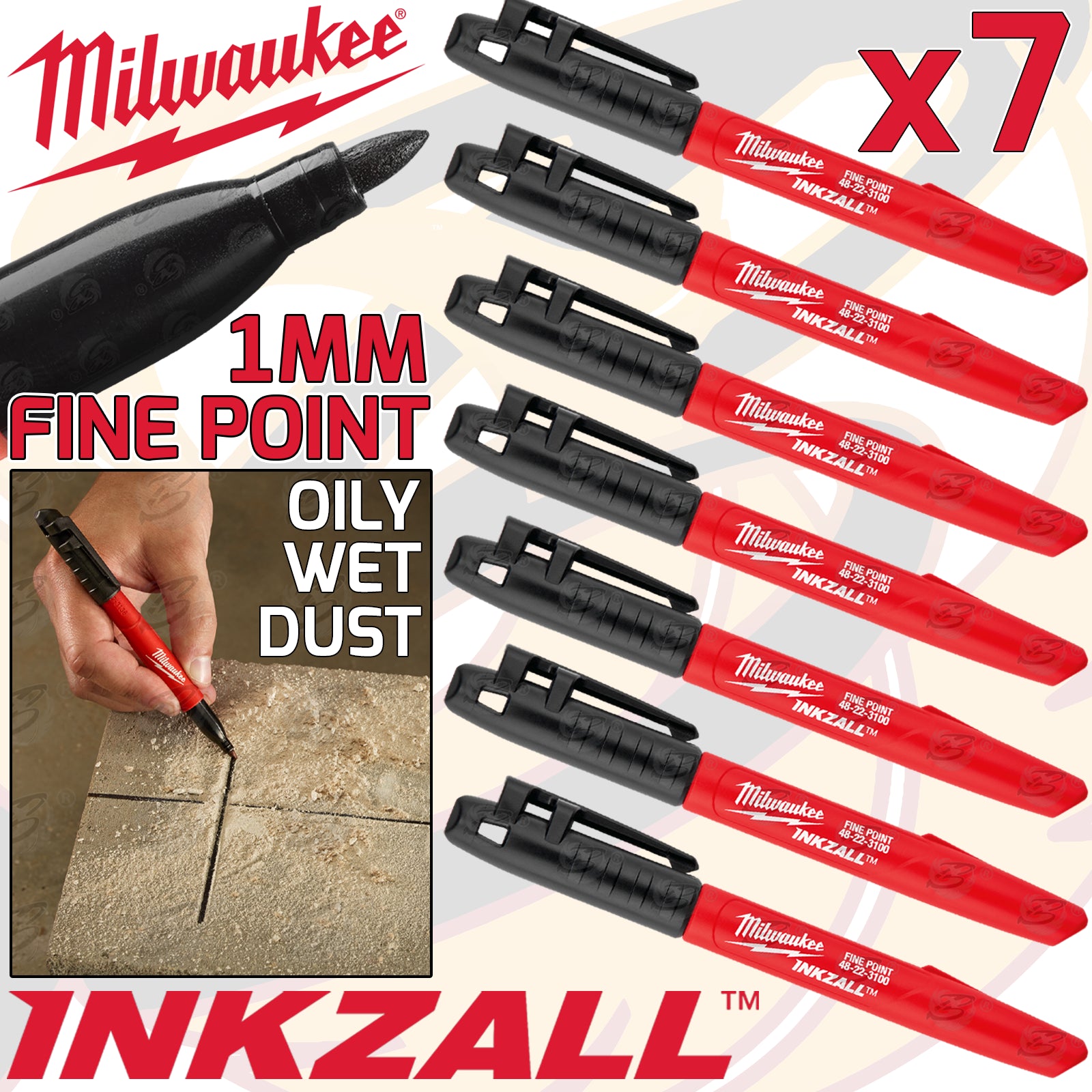 MILWAUKEE INKZALL 1mm ALL SURFACE MARKER PEN ( x7 )
