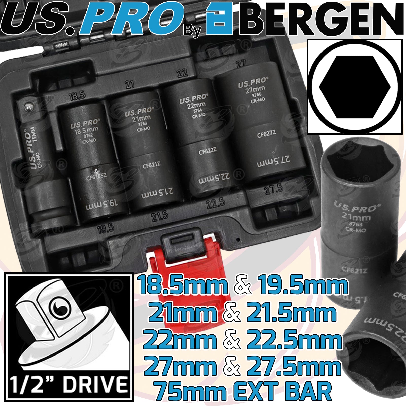 US PRO 5PCS 1/2" DRIVE 6 POINT IMPACT FLIP NUT SOCKETS 18.5MM - 27.5MM