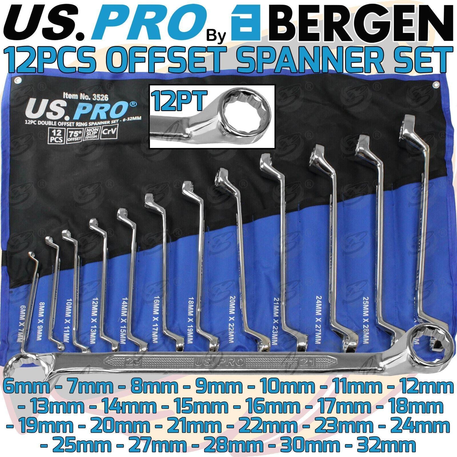 US Pro 12 Piece Offset Double Ring 12 Point Spanner 6mm - 32mm 3526
