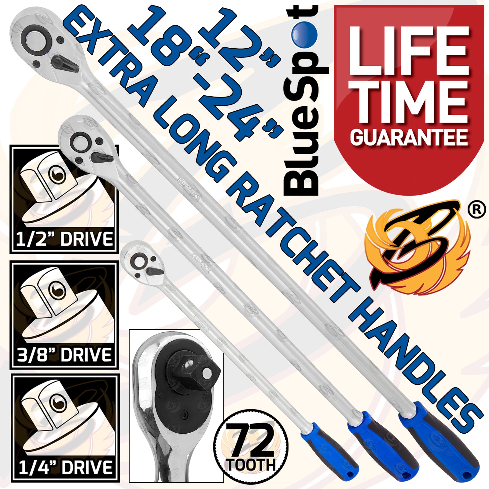 BLUESPOT 3PCS 1/4" & 3/8" & 1/2" DRIVE 72 TOOTH EXTRA LONG RATCHET HANDLES
