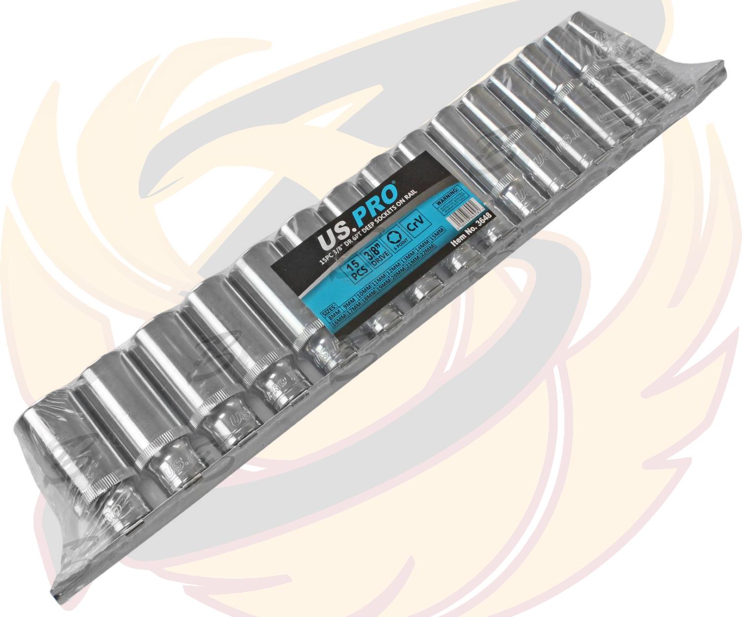 US Pro 15 Piece 3/8" Drive 6 Point Deep Sockets 8mm - 22mm ( 3648 )