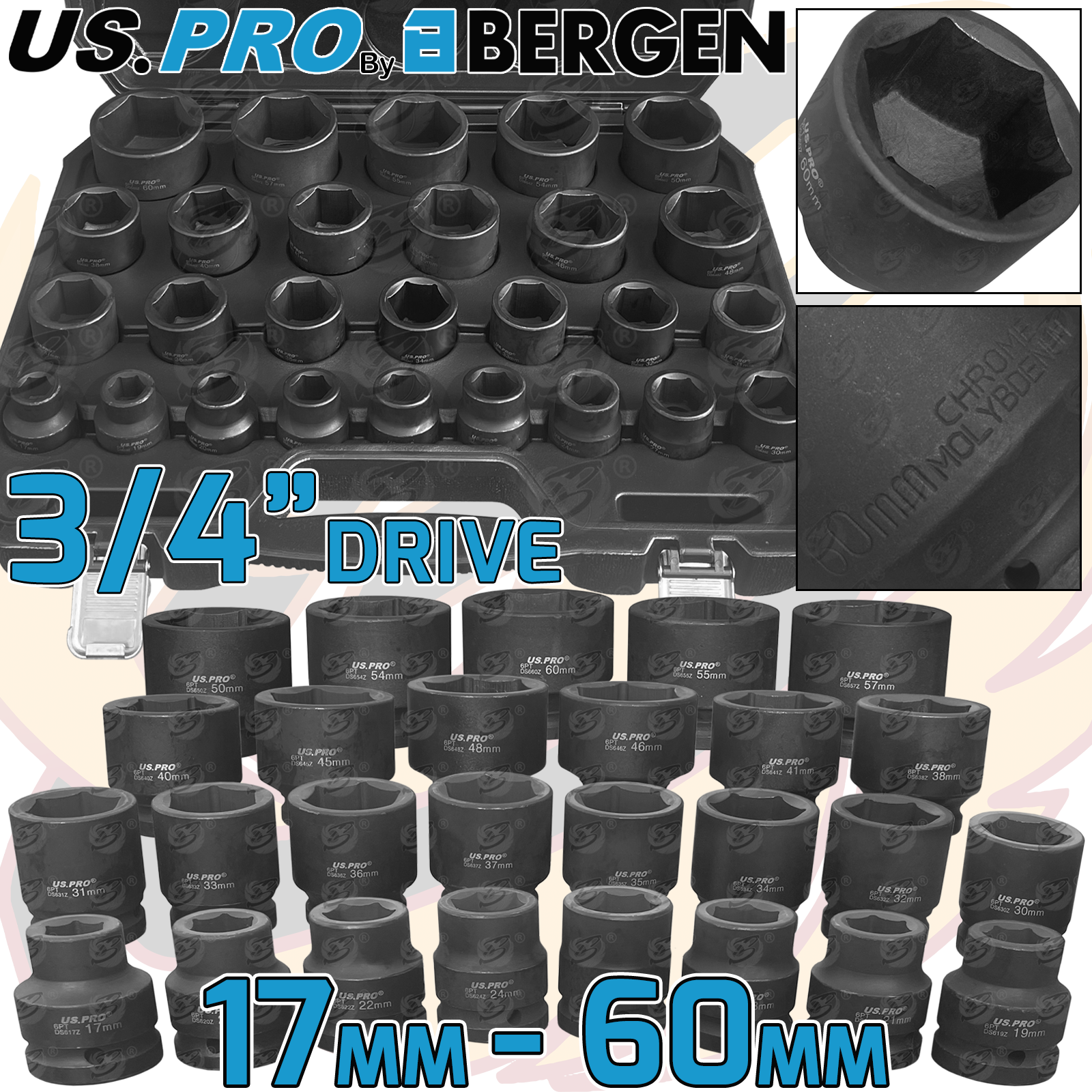 US Pro 27 Piece 3/4" Drive 6 Point Impact Sockets 17mm - 60mm ( 3690 )