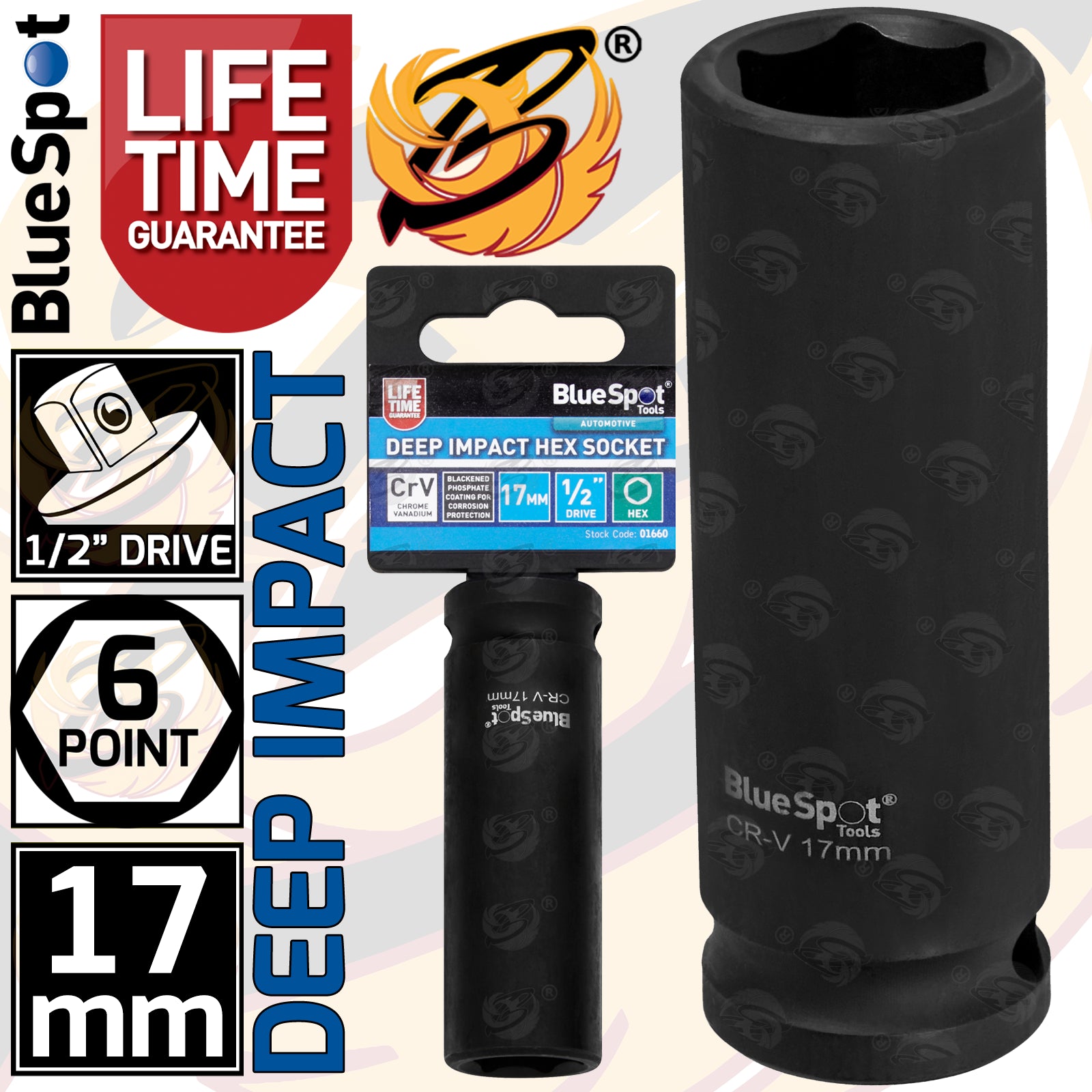BLUESPOT 17MM 1/2" DRIVE 6 POINT DEEP IMPACT SOCKET ( SINGLE )