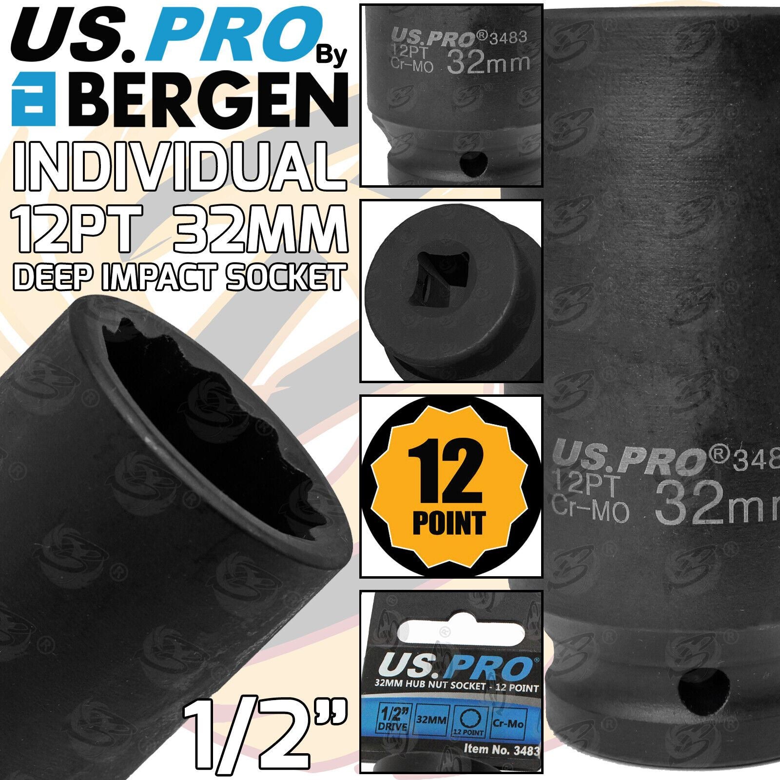 US PRO 32MM 1/2" DRIVE 12 POINT DEEP IMPACT SOCKET ( SINGLE )