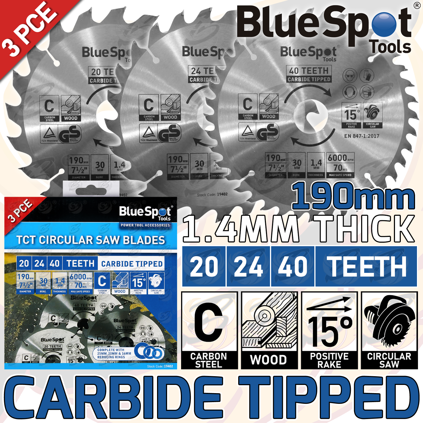 BlueSpot Circular Saw Blade 190mm x 30mm ( 20T & 24T & 40T ) ( Tct Blades ) 19402