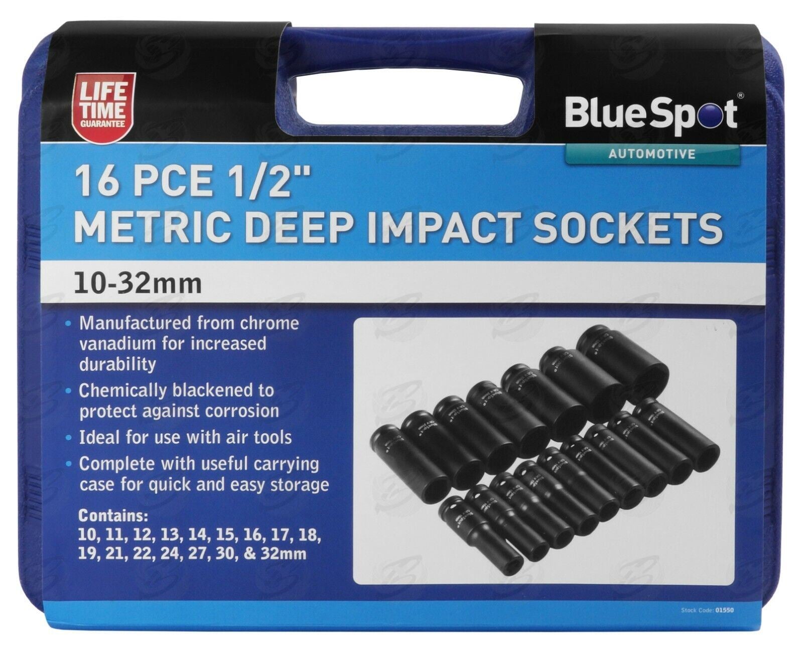 BLUESPOT 16PCS 1/2" DRIVE 6 POINT DEEP IMPACT SOCKETS 10MM - 32MM
