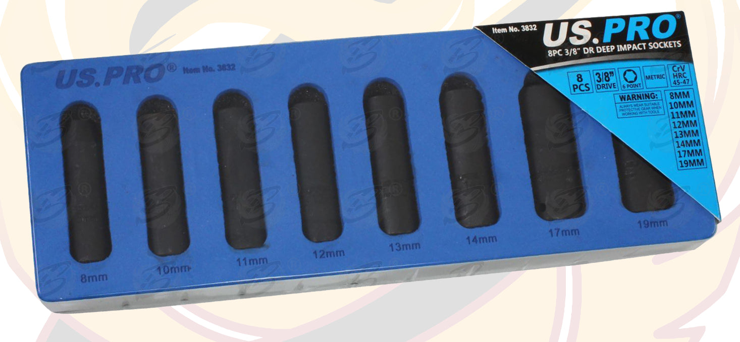 US PRO 8PCS 3/8" DRIVE 6 POINT DEEP IMPACT SOCKETS 8MM - 19MM