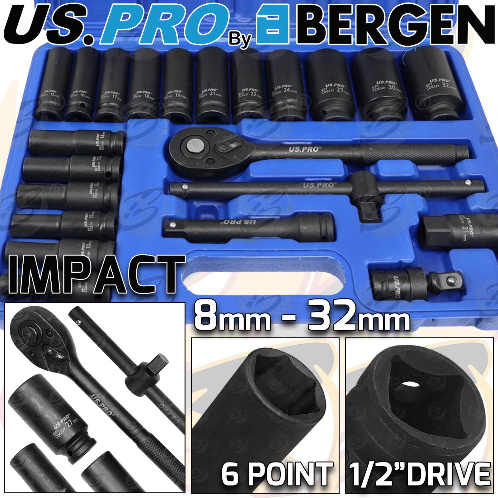 US Pro 22 Piece 1/2" Drive 6 Point Deep Impact Socket Set 8mm - 32mm ( 3986 )