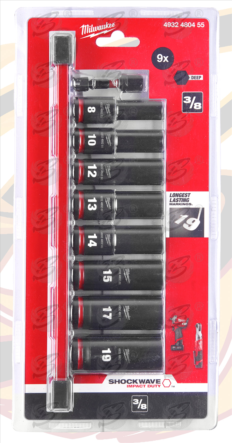 MILWAUKEE 9CS 3/8" DRIVE 6 POINT DEEP IMPACT SOCKETS 8MM - 19MM ( SHOCKWAVE IMPACT DUTY )