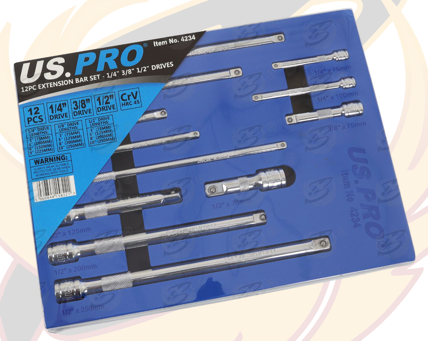 US Pro 12 Piece 1/4" & 3/8" & 1/2" Drive Extension Bars 50mm - 250mm 4234