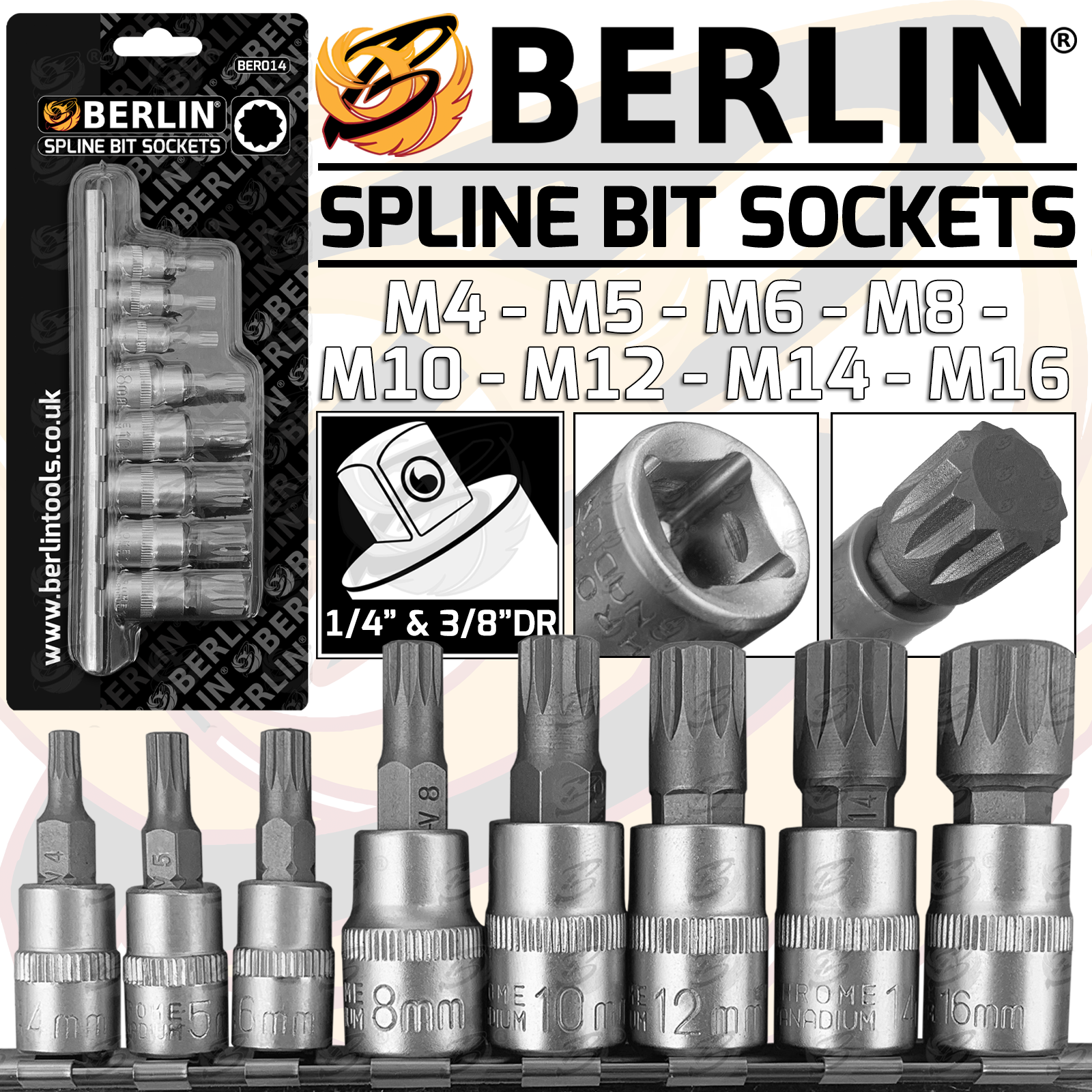 Berlin 8 Piece 1/4" & 3/8" Drive Spline Bit Sockets M4 - M16 ( BER014 )