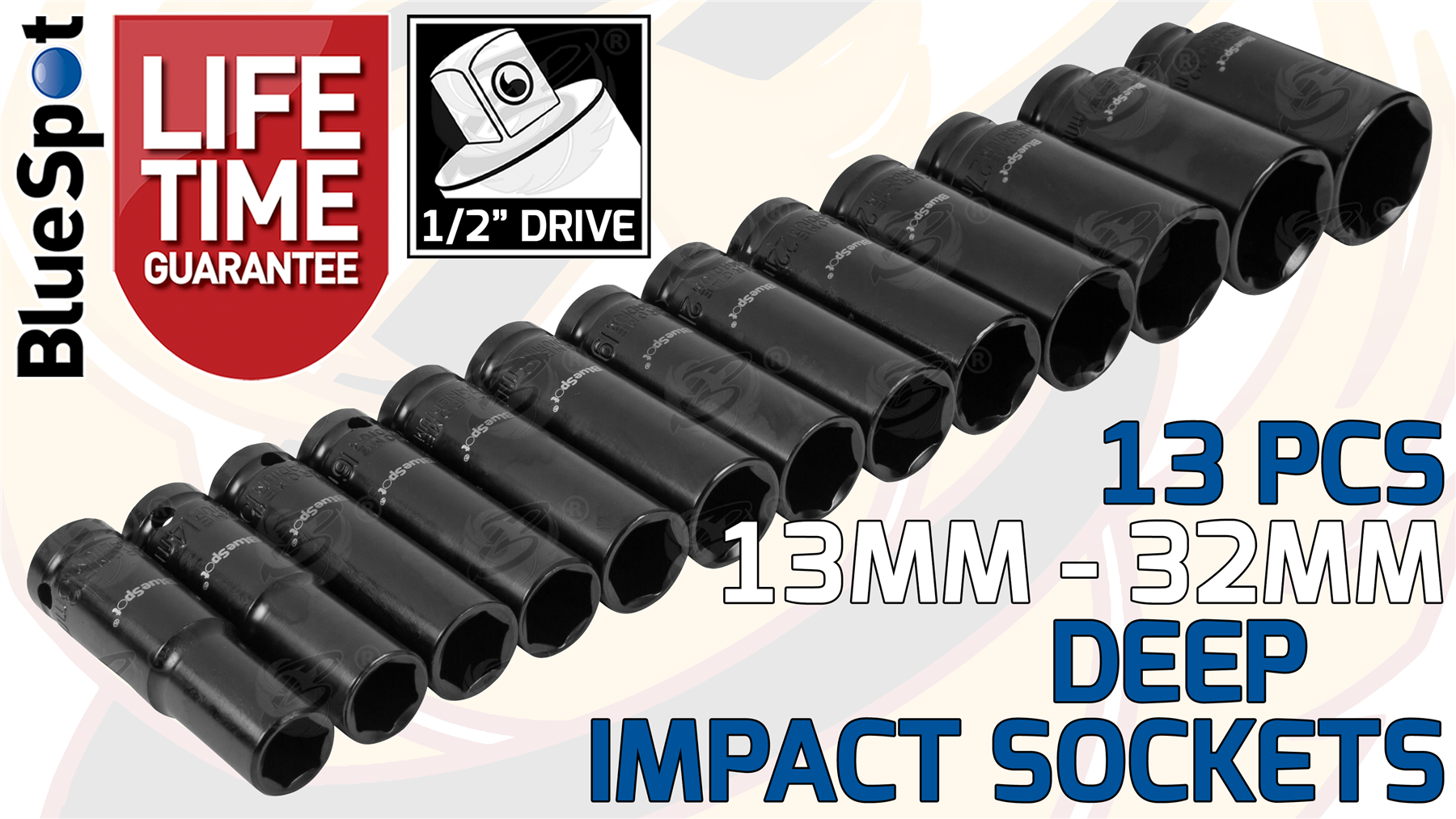 BlueSpot 13 Piece 1/2" Drive 6 Point Deep Impact Sockets 13mm - 32mm ( 01538 )