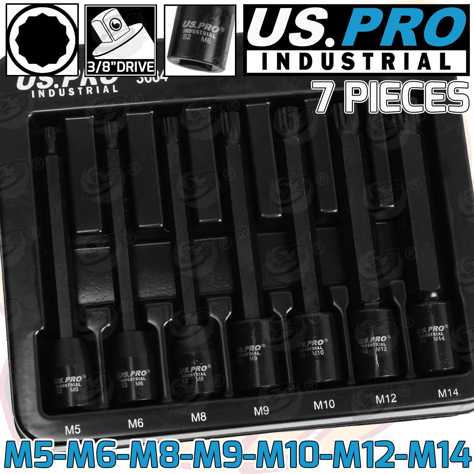 US Pro Industrial 7 Piece 3/8" Drive Extra Long Impact Spline Bit Sockets M5 - M14 3684