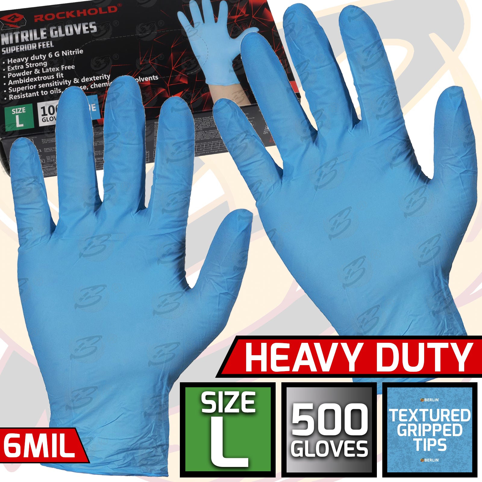 ROCKHOLD HEAVY DUTY BLUE 6 MIL NITRILE TEXTURED TIP GLOVES ( LARGE - 500 GLOVES )