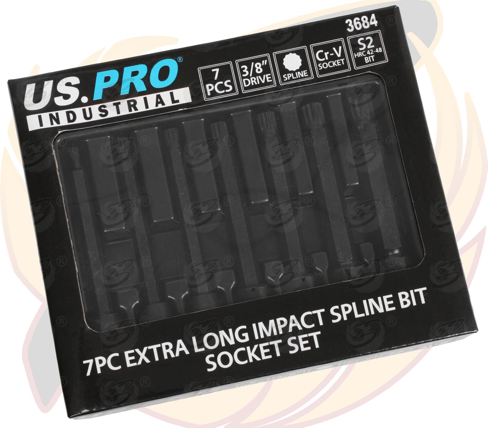 US Pro Industrial 7 Piece 3/8" Drive Extra Long Impact Spline Bit Sockets M5 - M14 3684