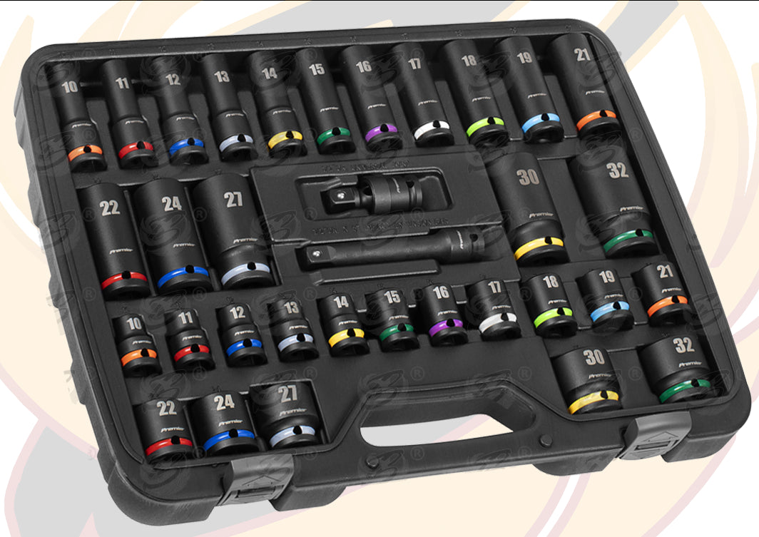 SEALEY 34PCS 1/2" DRIVE 6 POINT DEEP & SHALLOW IMPACT SOCKETS 10MM - 32MM