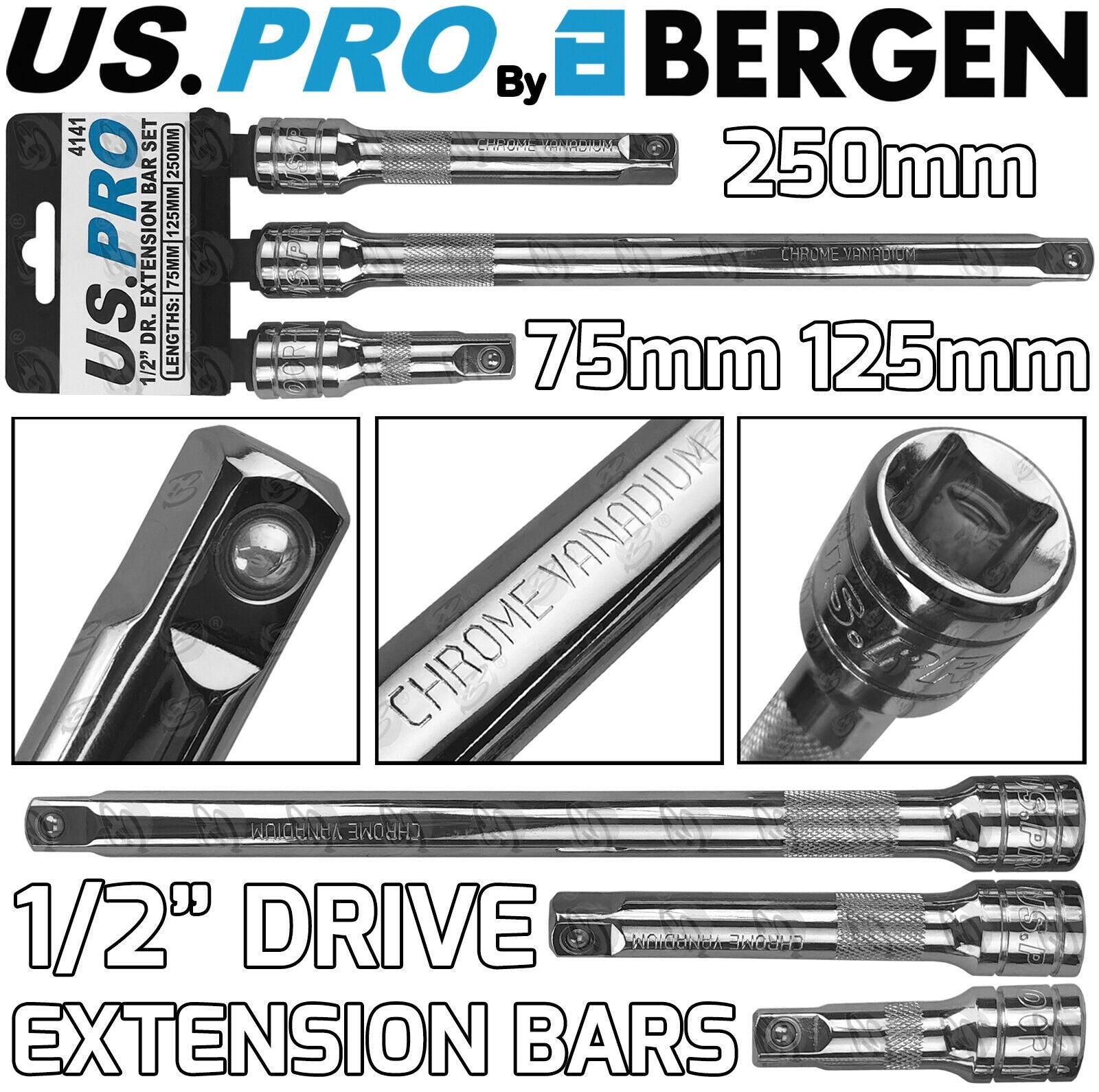 US PRO 3PCS 1/2" DRIVE EXTENSION BARS 75MM - 250MM