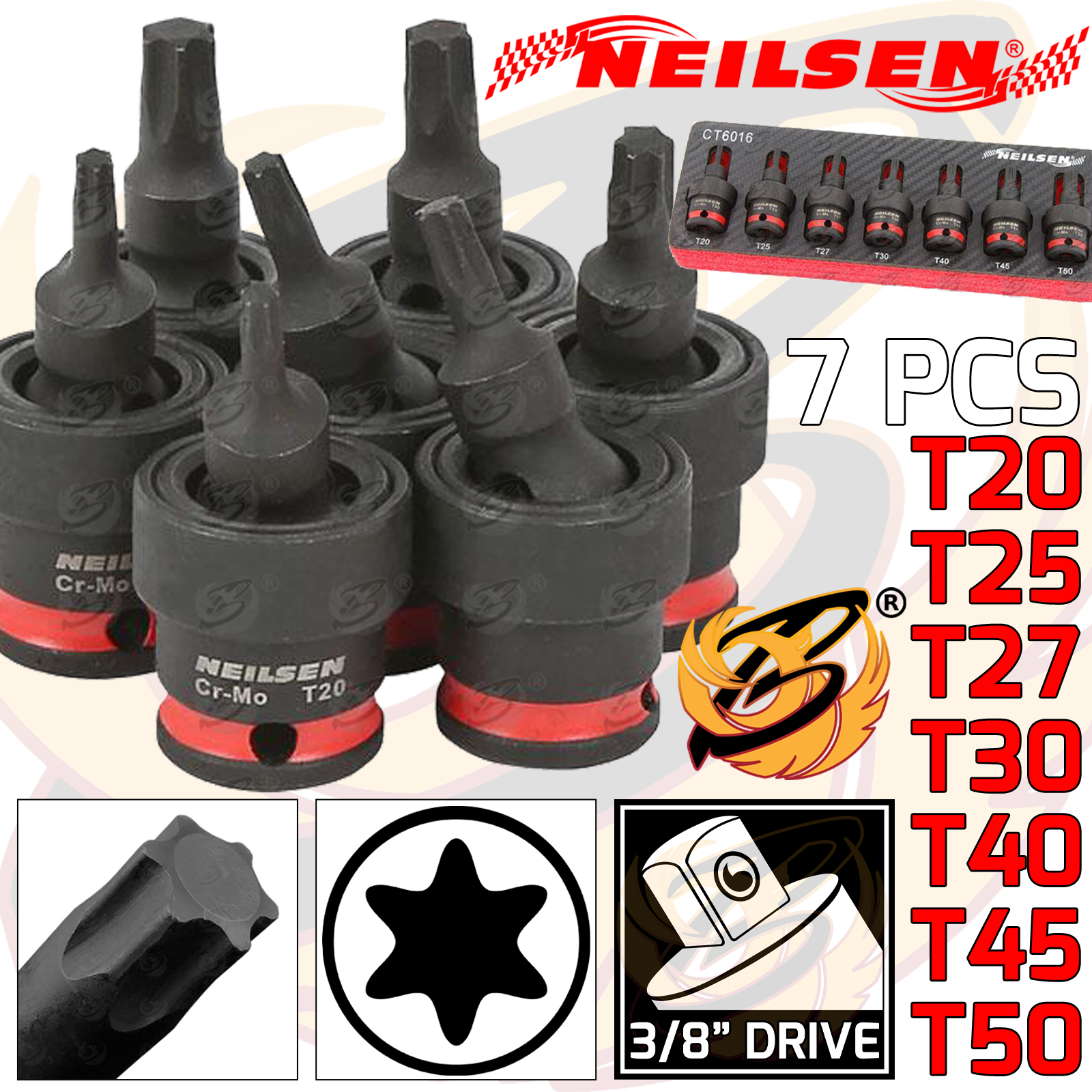 Neilsen 7 Piece 3/8" Drive Swivel Impact Torx Bit Sockets T20 - T50 ( CT6016 )