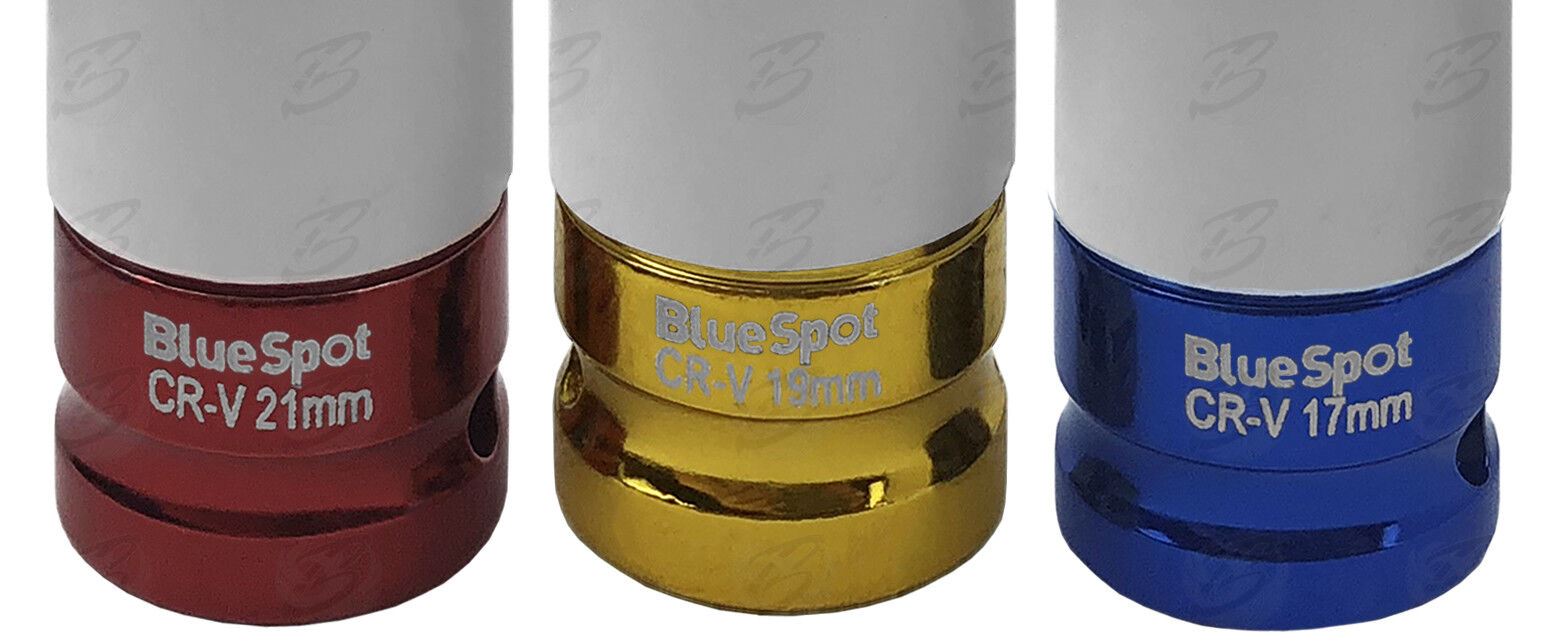 BLUESPOT 3PCS 1/2" DRIVE 6 POINT ALLOY WHEEL NUT SOCKETS 17MM - 19MM - 21MM