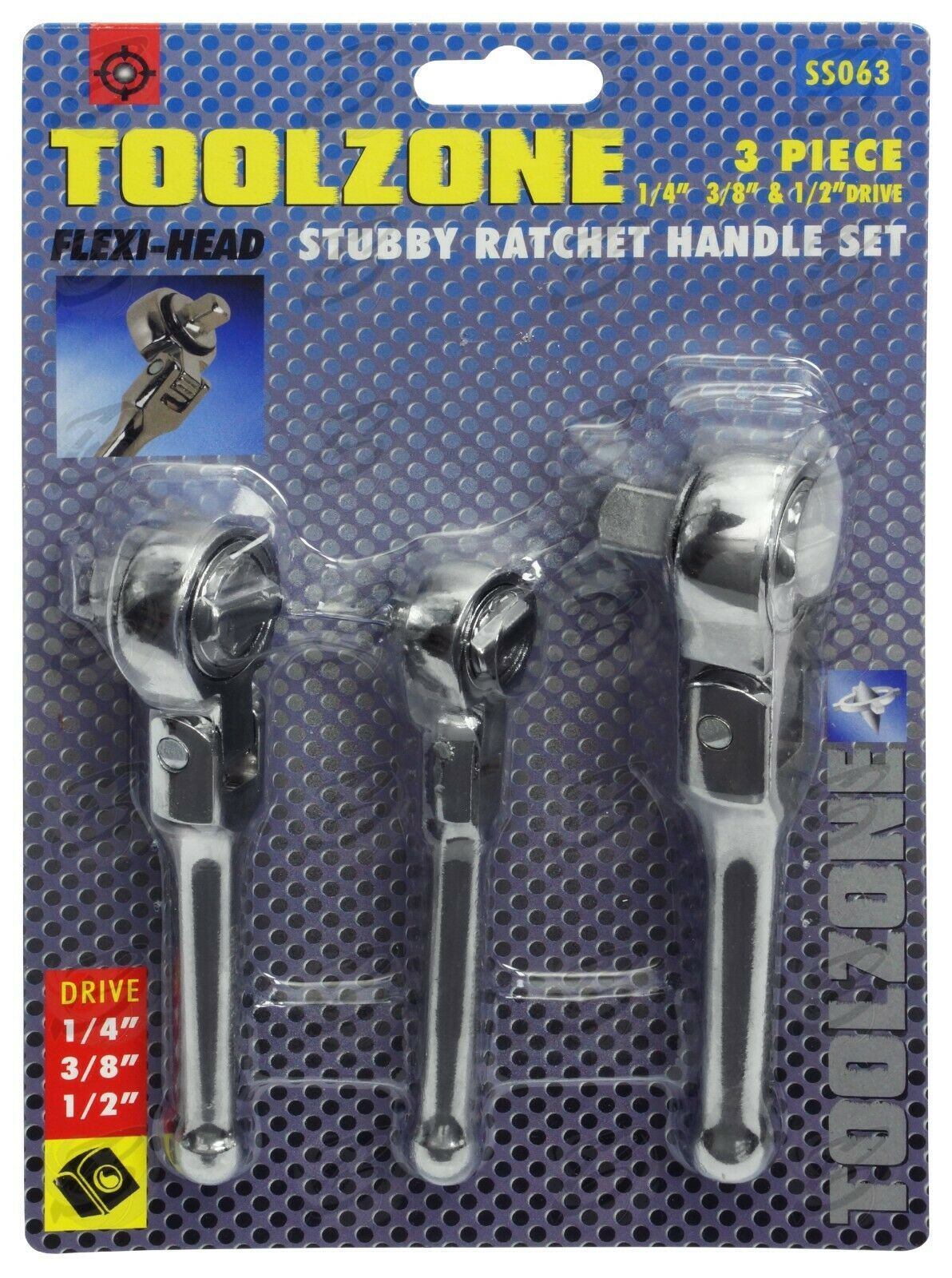 TOOLZONE 3PCS STUBBY FLEXIBLE RATCHET HANDLE SET 1/4" & 3/8" & 1/2" DRIVE