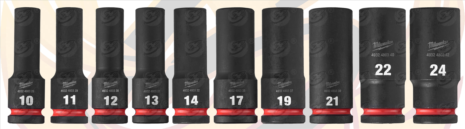 MILWAUKEE 23PCS 1/2" DRIVE 6 POINT DEEP & SHALLOW IMPACT SOCKETS & ADAPTER SET 10MM - 24MM ( SHOCKWAVE IMPACT DUTY )