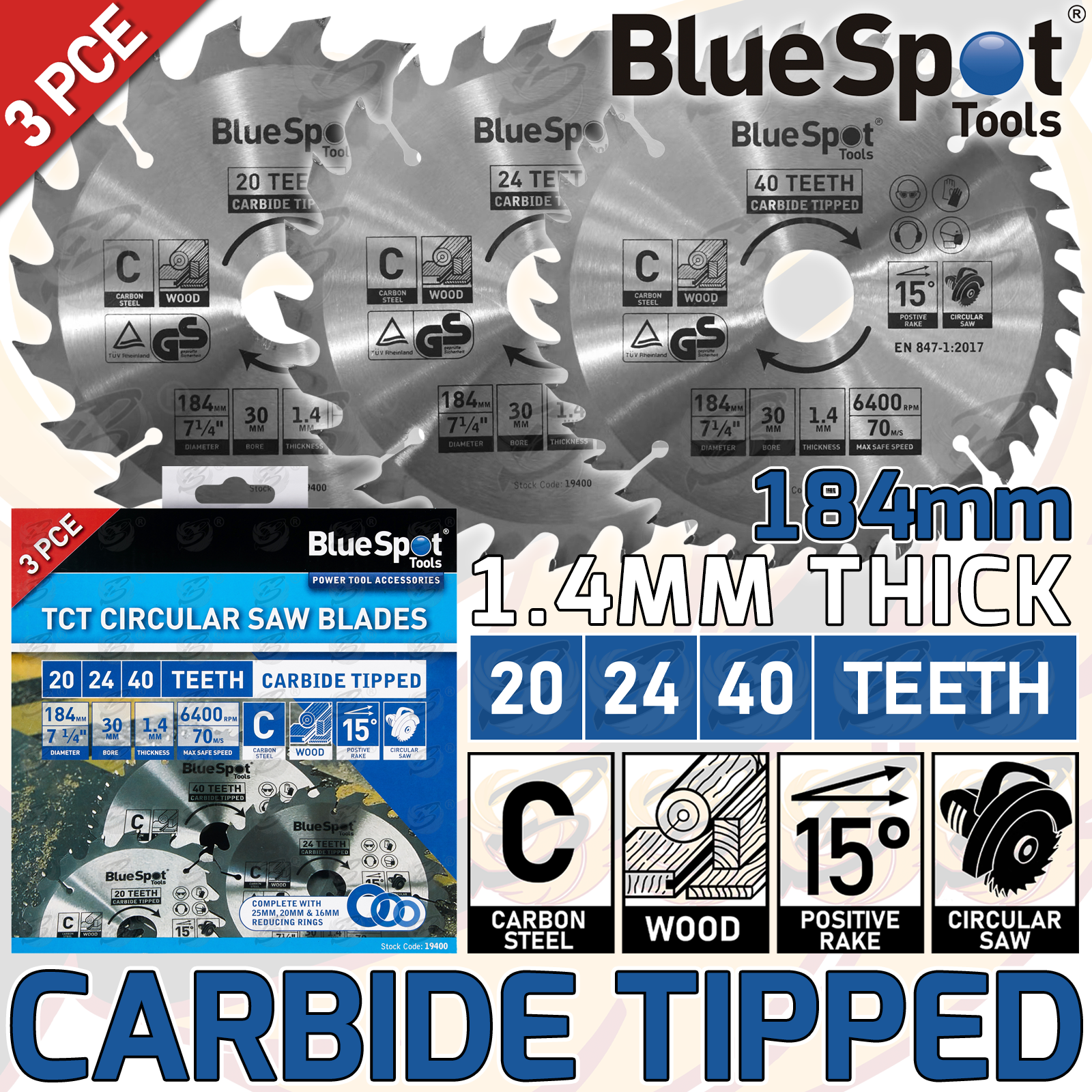 BlueSpot Circular Saw Blade 184mm x 30mm ( 20T & 24T & 40T ) ( Tct Blades ) ( 19400 )