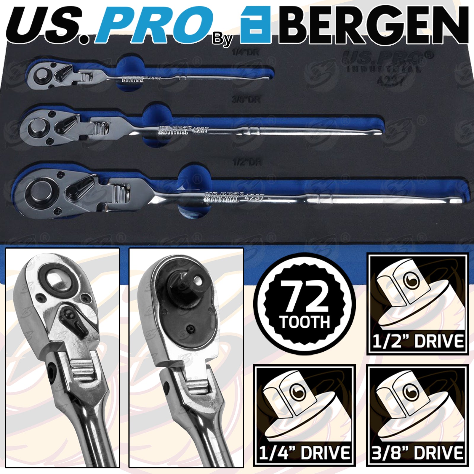 US PRO 3PC FLEXI HEAD RATCHET SET 1/4" - 3/8" - 1/2" DRIVES